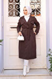 Kemerli Kahverengi Tesettür Trençkot 62481KH