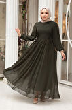  Balon Kol Haki Tesettür Abiye Elbise 62381HK