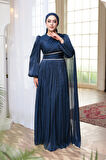  Pelerin Detaylı Lacivert Tesettür Abiye Elbise 53021L