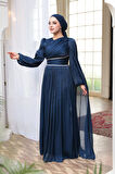  Pelerin Detaylı Lacivert Tesettür Abiye Elbise 53021L