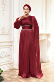 - Pelerin Detaylı Bordo Tesettür Abiye Elbise 53021BR