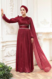  Pelerin Detaylı Bordo Tesettür Abiye Elbise 53021BR