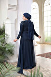  Boncuk Detaylı Lacivert Tesettür Abiye Elbise 54301L