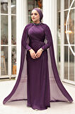 - Pelerinli Mor Tesettür Abiye Elbise 54391MOR