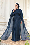  Pelerinli Lacivert Tesettür Abiye Elbise 5447L
