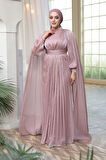  Pelerinli Pudra Tesettür Abiye Elbise 5447PD