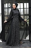 Tesettür Abiye Elbise - Pul Payetli Gümüş Tesettür Abiye Elbise 5408GMS