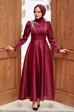 Saten Bordo Tesettür Abiye Elbise 22301BR