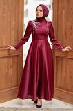 Saten Bordo Tesettür Abiye Elbise 22301BR