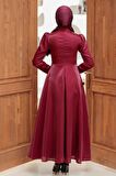 Saten Bordo Tesettür Abiye Elbise 22301BR