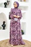 Çiçek Desenli Koyu Gül Kurusu Tesettür Elbise 279014KGK