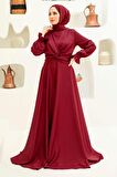 Saten Bordo Tesettür Abiye Elbise 3389BR