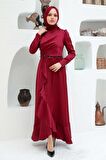 Volanlı Bordo Saten Tesettür Abiye Elbise 3381BR