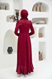 Volanlı Bordo Saten Tesettür Abiye Elbise 3381BR