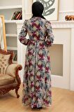 Çiçek Desenli Bordo Tesettür Elbise 279076BR