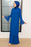 Kol Ucu Volanlı Sax Mavisi Tesettür Elbise 5729SX