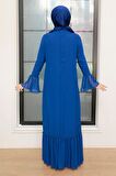 Kol Ucu Volanlı Sax Mavisi Tesettür Elbise 5729SX
