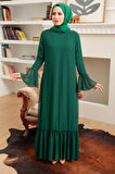 Kol Ucu Volanlı Yeşil Tesettür Elbise 5729Y