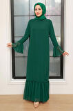 Kol Ucu Volanlı Yeşil Tesettür Elbise 5729Y