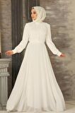 Düğme Detaylı Ekru Tesettür Elbise 2703E