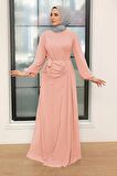 Tesettür Abiye Elbise - Drape Detaylı Pudra Tesettür Abiye Elbise 5711PD