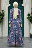 Çiçek Desenli İndigo Mavisi Tesettür Elbise 279081IM