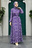 Çiçek Desenli Lila Tesettür Elbise 279048LILA