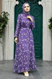 Çiçek Desenli Lila Tesettür Elbise 279048LILA