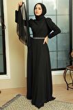 Drape Detaylı Siyah Tesettür Abiye Elbise 5737S