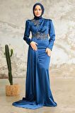Kuyruklu Lacivert Saten Tesettür Abiye 22830L