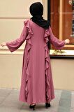 Fırfır Detaylı Gül Kurusu Tesettür Abaya 15402GK