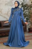 Boncuk İşlemeli İndigo Mavisi Saten Tesettür Abiye Elbise 22401IM