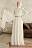 Tesettürlü Abiye Elbise - Drape Detaylı Ekru Tesettür Abiye Elbise 5737E