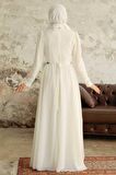 Tesettürlü Abiye Elbise - Drape Detaylı Ekru Tesettür Abiye Elbise 5737E