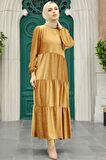 Kat Piliseli Camel Tesettür Kadife Elbise 1286C