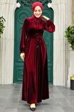 Neva Style - Bordo Tesettür Kadife Elbise 36921BR