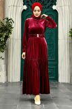 Neva Style - Kemerli Bordo Tesettür Kadife Elbise 36971BR