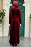 Neva Style - Kemerli Bordo Tesettür Kadife Elbise 36971BR