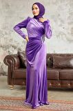 Drape Detaylı Koyu Lila Tesettür Kadife Abiye Elbise 36891KLILA