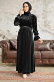 Neva Style - Kemerli Siyah Tesettür Kadife Elbise 37291S