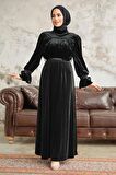 Neva Style - Kemerli Siyah Tesettür Kadife Elbise 37291S