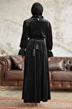 Neva Style - Kemerli Siyah Tesettür Kadife Elbise 37291S