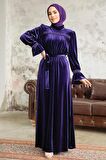 Neva Style - Kemerli Mor Tesettür Kadife Elbise 37291MOR