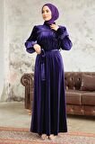 Neva Style - Kemerli Mor Tesettür Kadife Elbise 37291MOR