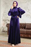Neva Style - Kemerli Mor Tesettür Kadife Elbise 37291MOR