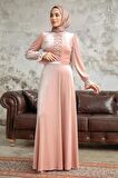Neva Style - İnci Detaylı Somon Tesettür Kadife Elbise 37091SMN