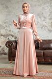 Neva Style - İnci Detaylı Somon Tesettür Kadife Elbise 37091SMN