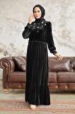 Neva Style - Çiçek Detaylı Siyah Tesettür Kadife Elbise 3713S