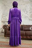 Neva Style - Çiçek Detaylı Koyu Lila Tesettür Kadife Elbise 3713KLILA