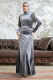Neva Style - Tokalı Kemerli Gri Tesettür Kadife Elbise 3748GR
